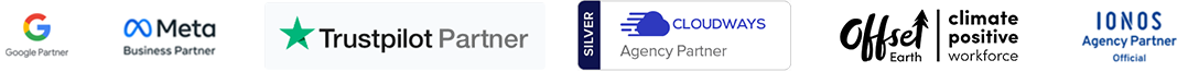 Google Partner · Meta Business Partner · Trustpilot Partner · Cloudways Agency Partner Silver · Offset Earth Climate Positive Workforce